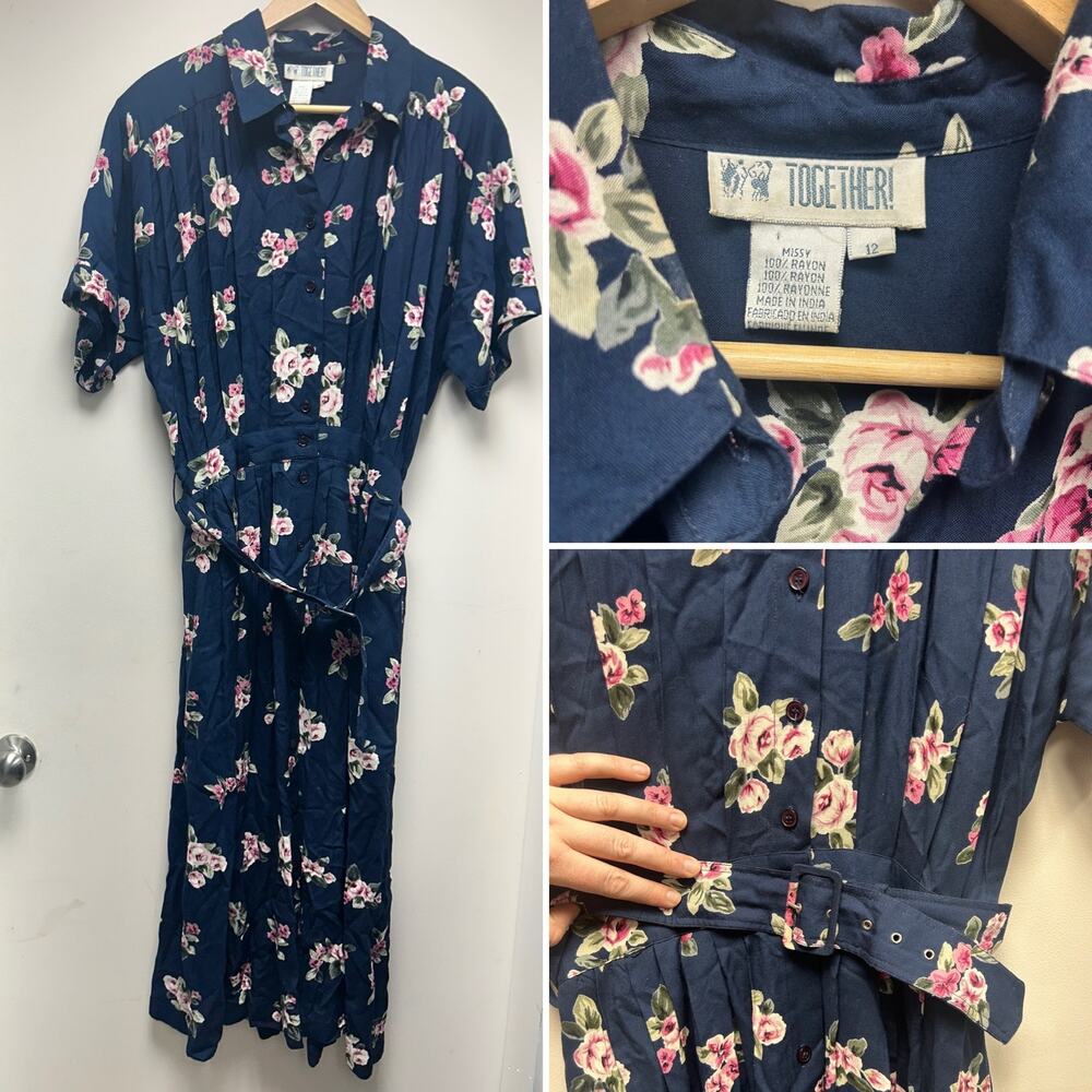 Vintage Floral Blue Belted Midi Button Down Shirt Dress Size 12